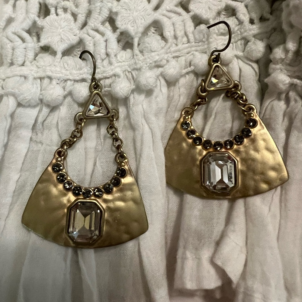 Gold Dangle Earrings with Crystal Accents EUC